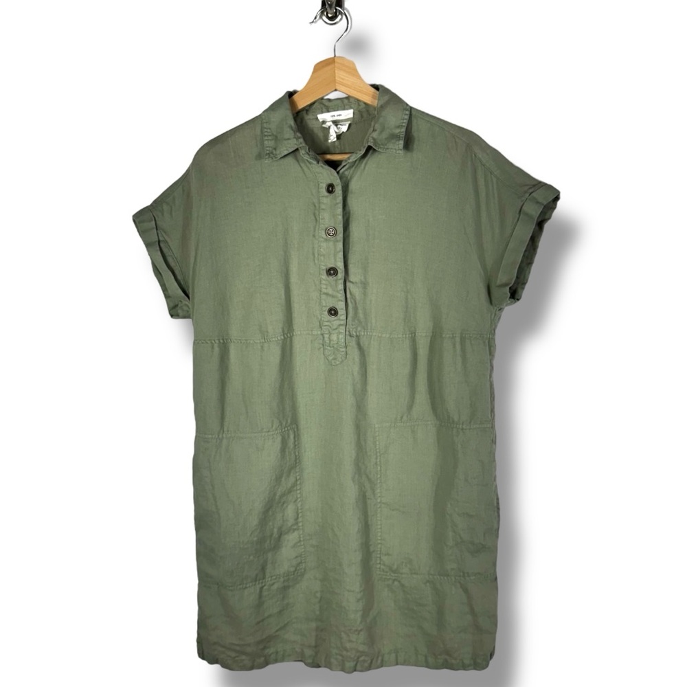 Nicole Miller 100% Half Button Linen Shift Mini Dress, Sage Green, Size XS